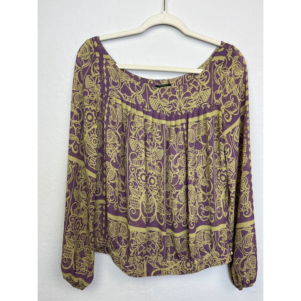 Stile Benetton Gold Paisley Print Scoop Neck Long Sleeve Blouse‎ Women's Size S